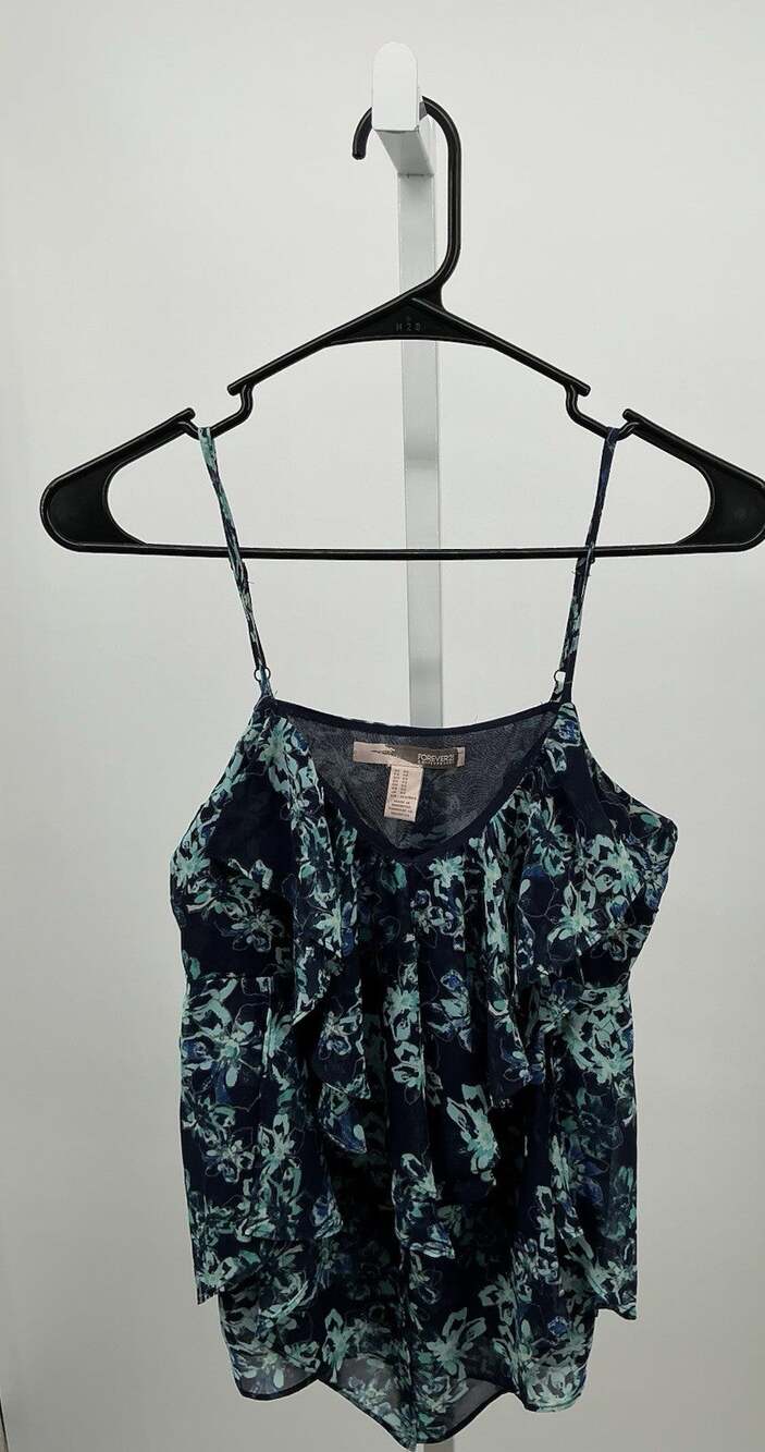 Forever 21 Navy Floral Ruffle Camisole Top Women's XS Boho Romantic Y2K Chic Fit
